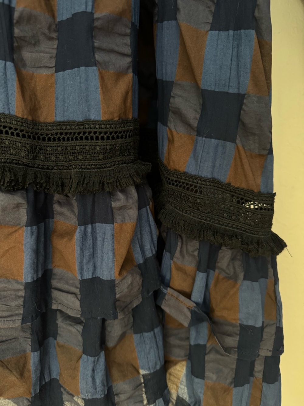LOVE BINETTI Balloon Sleeve Blue and Brown Checkered Babydoll Dress Cotton M - Picture 11 of 16